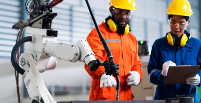 Two engineers in hard hats inspect a robotic arm while one takes notes on a clipboard.