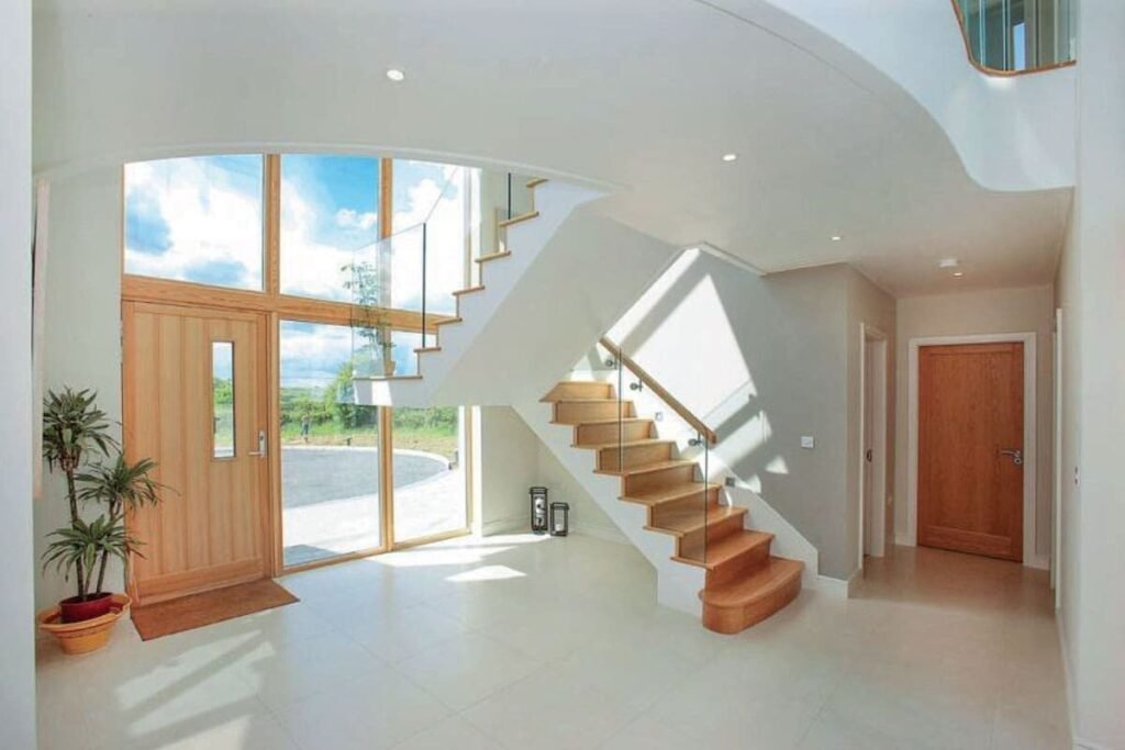 A modern white and wooden orange house.
