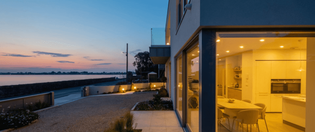 Modern waterfront home with illuminated interiors, overlooking a scenic ocean bay at twilight.