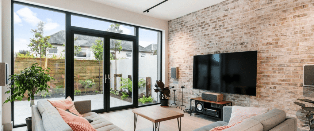 Bright living room with an exposed light brick accent wall, mounted TV, and glass doors opening to a backyard.