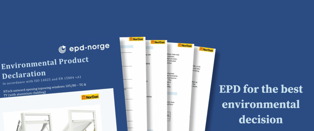 Environmental Product Declaration documents for NorDan windows displayed against a blue background.