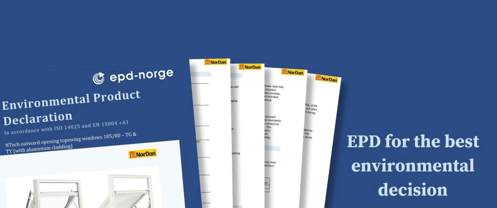 Environmental Product Declaration documents for NorDan windows displayed against a blue background.