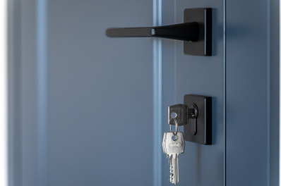 Close up of a black door handle.
