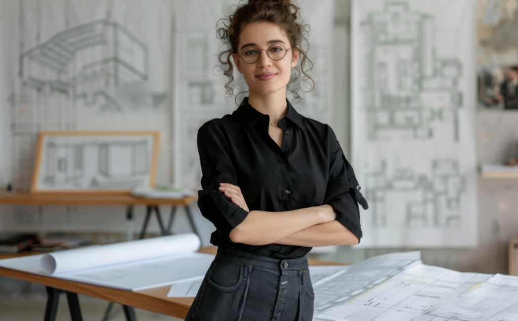 Smiling female architect standing with crossed arms in an office filled with architectural blueprints.