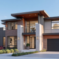 Modern two-story house with large windows, stone pillars, and a garage.