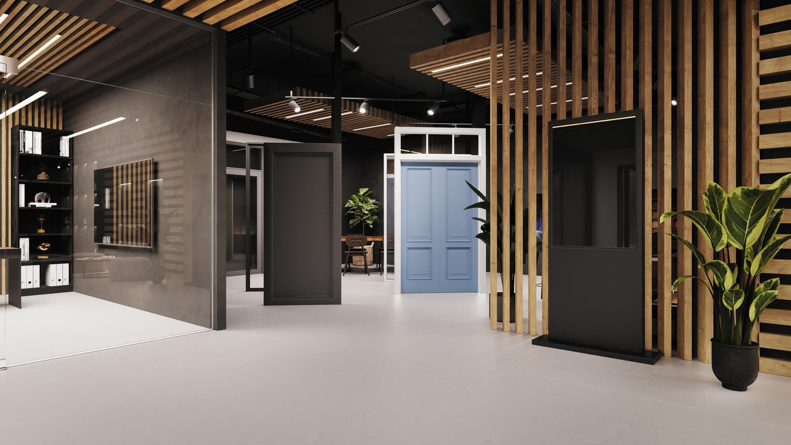Modern showroom interior with wood slat partitions, door displays, and a light blue door in the background.