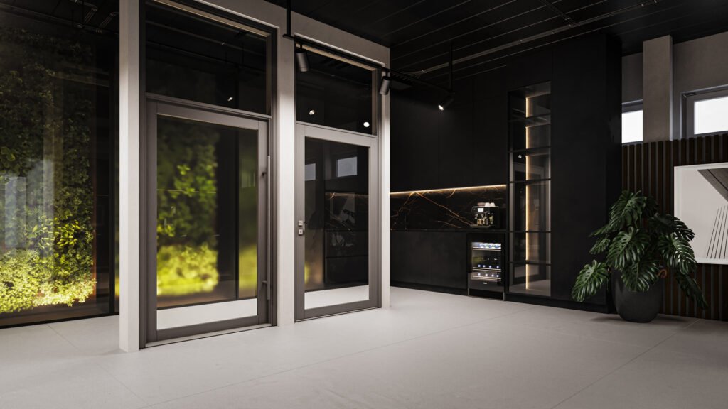 Sleek modern interior displaying glass doors, a green plant wall, and a dark kitchen counter area.