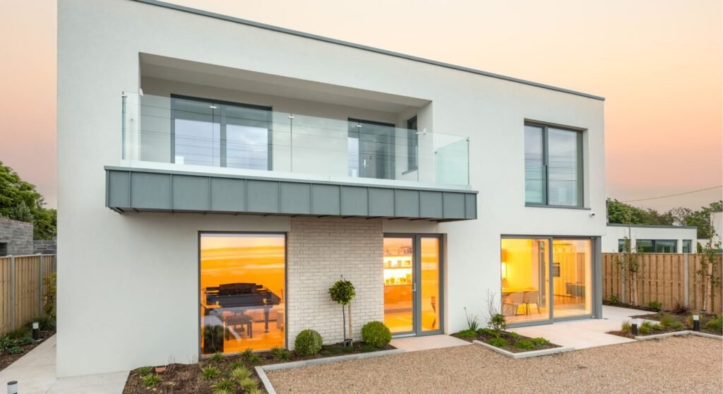 An outside view of a two story modern building.