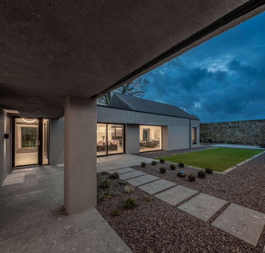 Outside view from garden of a modern house.