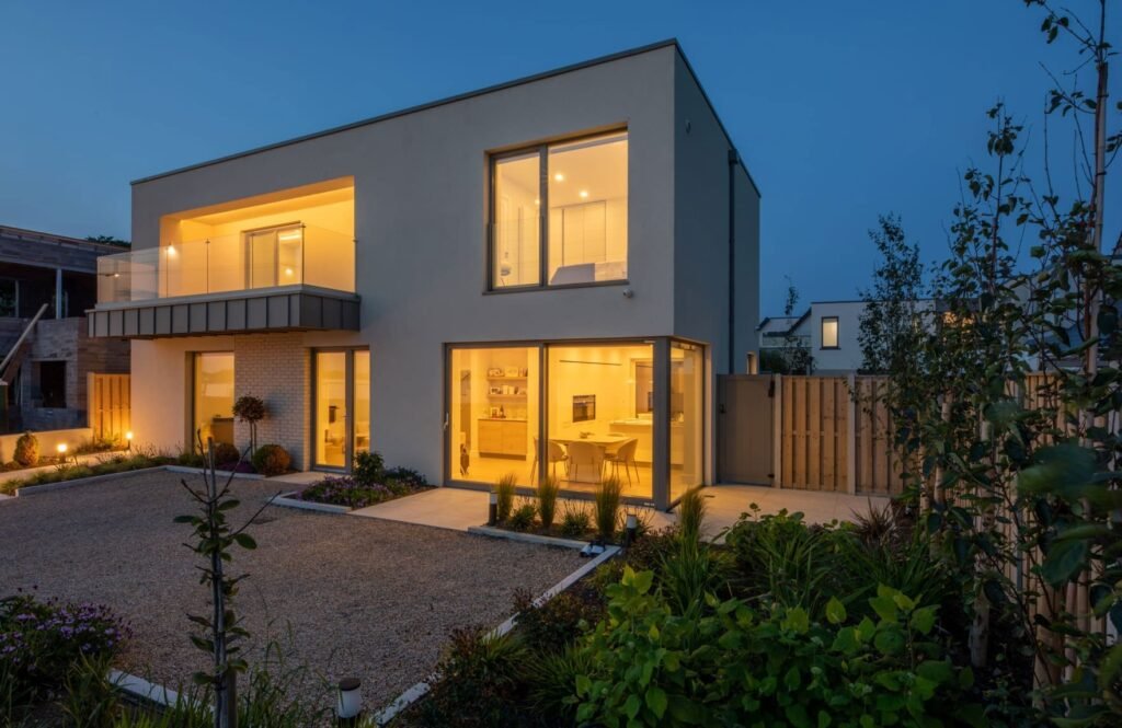An outside view of a two story modern building.