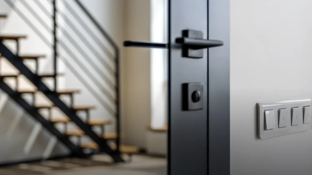 Closeup of a dark glass door.
