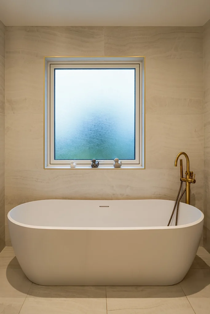 A modern white and gold bathroom with a bathtub.