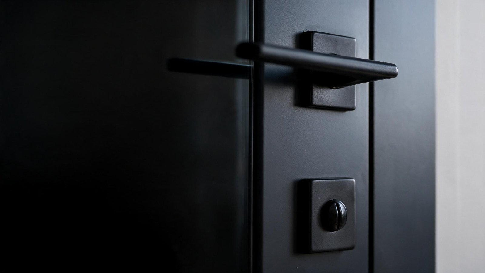 A close up of a black door.
